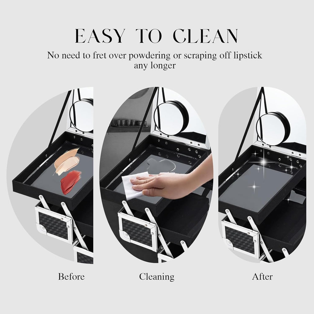 Joligrace Makeup Box Cosmetic Train Case Portable Makeup Organizer Case with Mirror 2 Tray Make up Storage Case for Nail Teach Craft Sewing Travel Vanity Modern Style Black