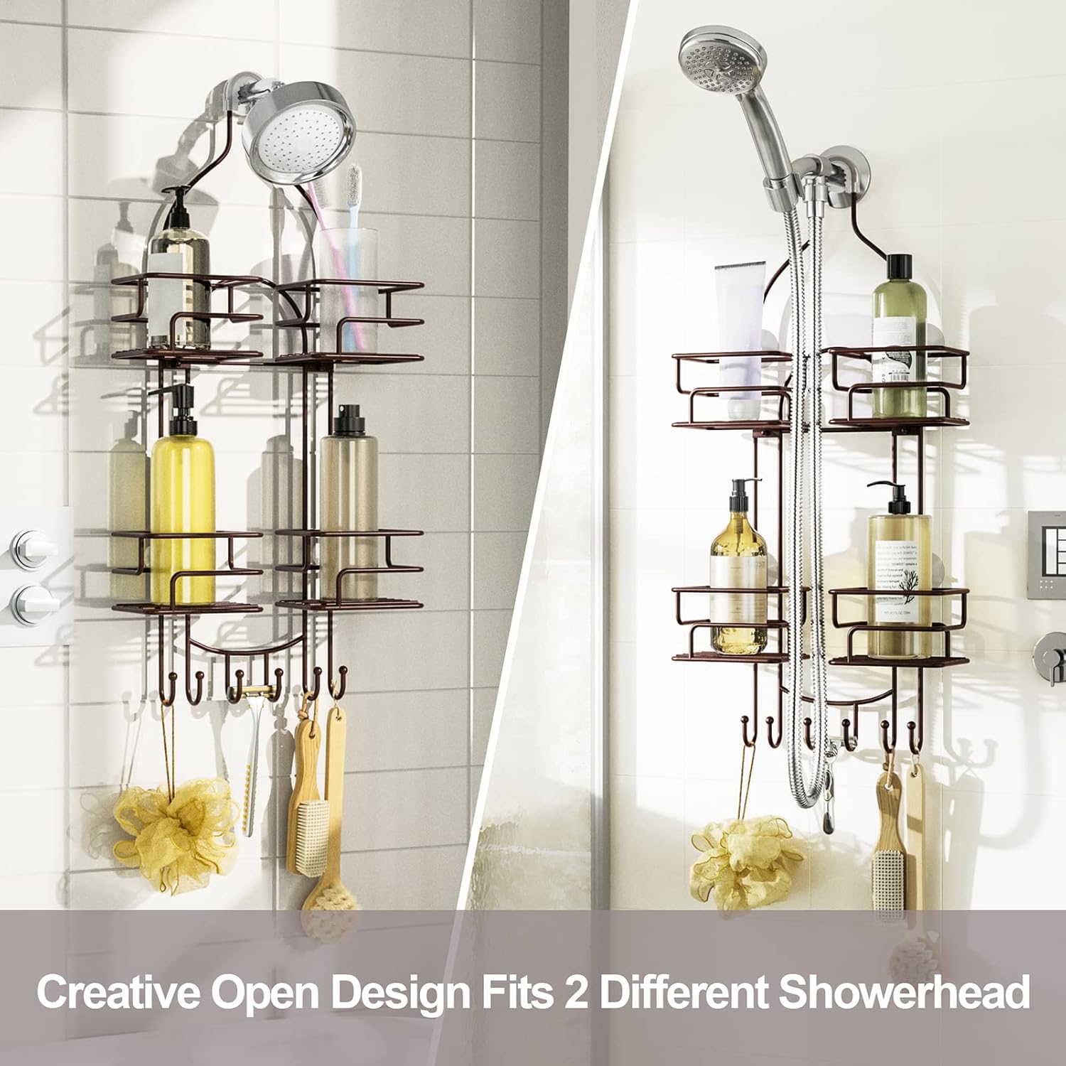 SRIWATANA Shower Caddy Organizer Hanging Over Head, Bathroom Shower Rack Hanger with Hooks for Razors - Bronze