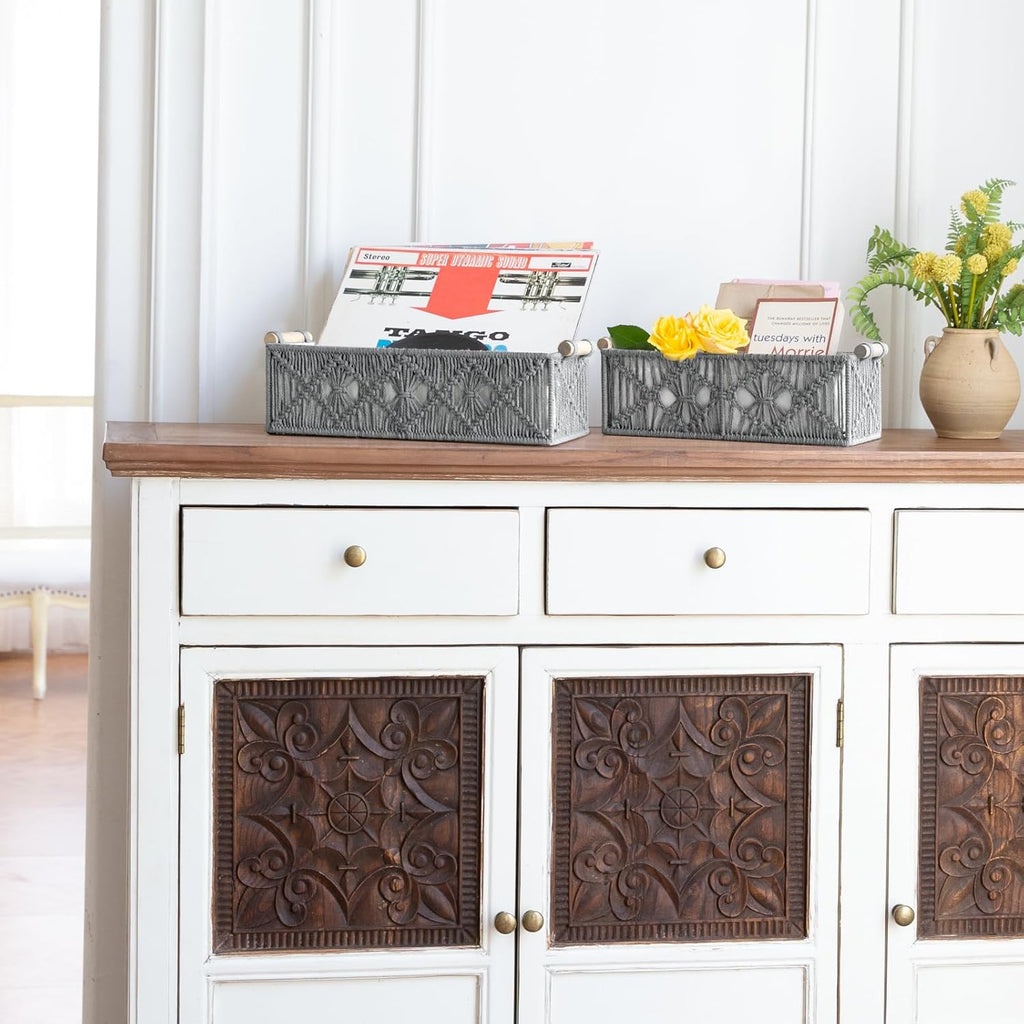 Mkono Macrame Storage Baskets Boho Decor Box Handmade Woven Decorative Countertop Toilet Tank Shelf Cabinet Organizer for Bedroom Livingroom Home, Set of 2, Grey