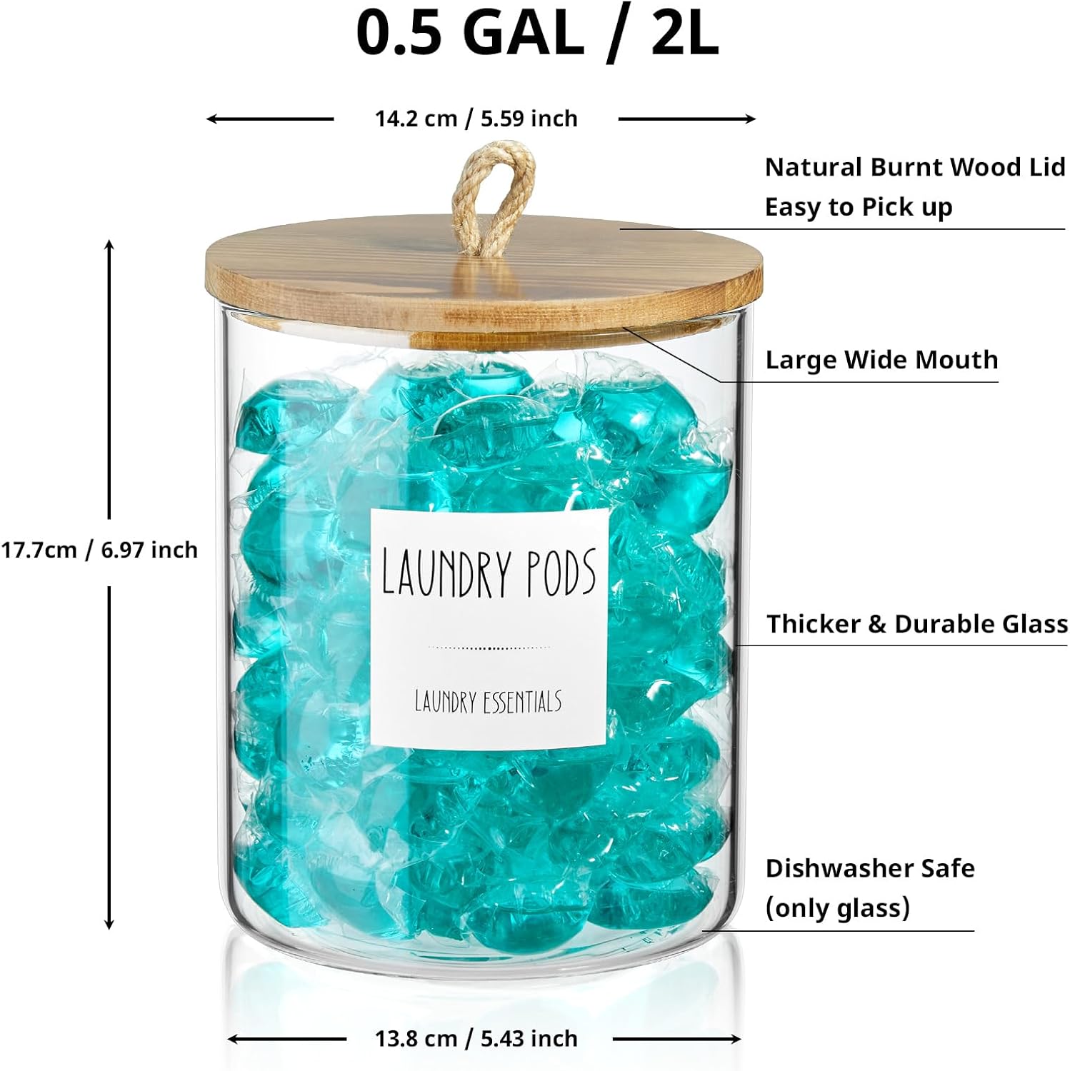 Glass Laundry Pods Container, 0.5 Gallon 2 Liter Laundry Jars with Burnt Wood Lids for Laundry Room Organization and Storage, Powder Detergent Holder for Laundry Room Decor and Accessories