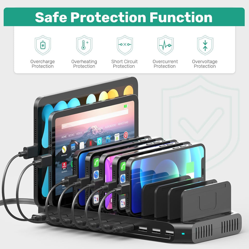 10-Port Multi Charging Station, 60W USB Tablet Charging Station for Multiple Devices, USB Charging Dock Multi Device Charger Organizer with Adjustable Dividers for Tablets, Smartphones