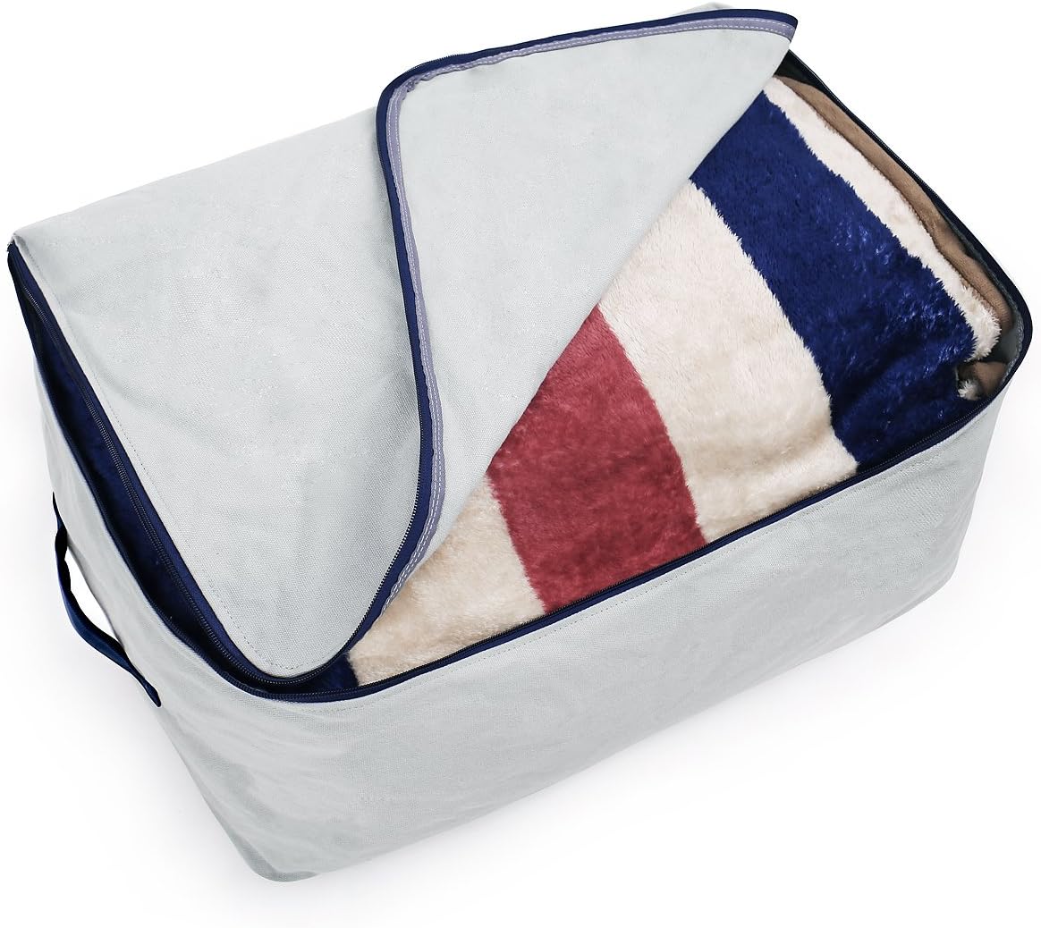 100% Natural Canvas Cotton Large Size Soft Storage Organiser Bags for Queen/King Size Blankets, Duvets, Pillows, Down Jackets, Breathable and Washable, Gray
