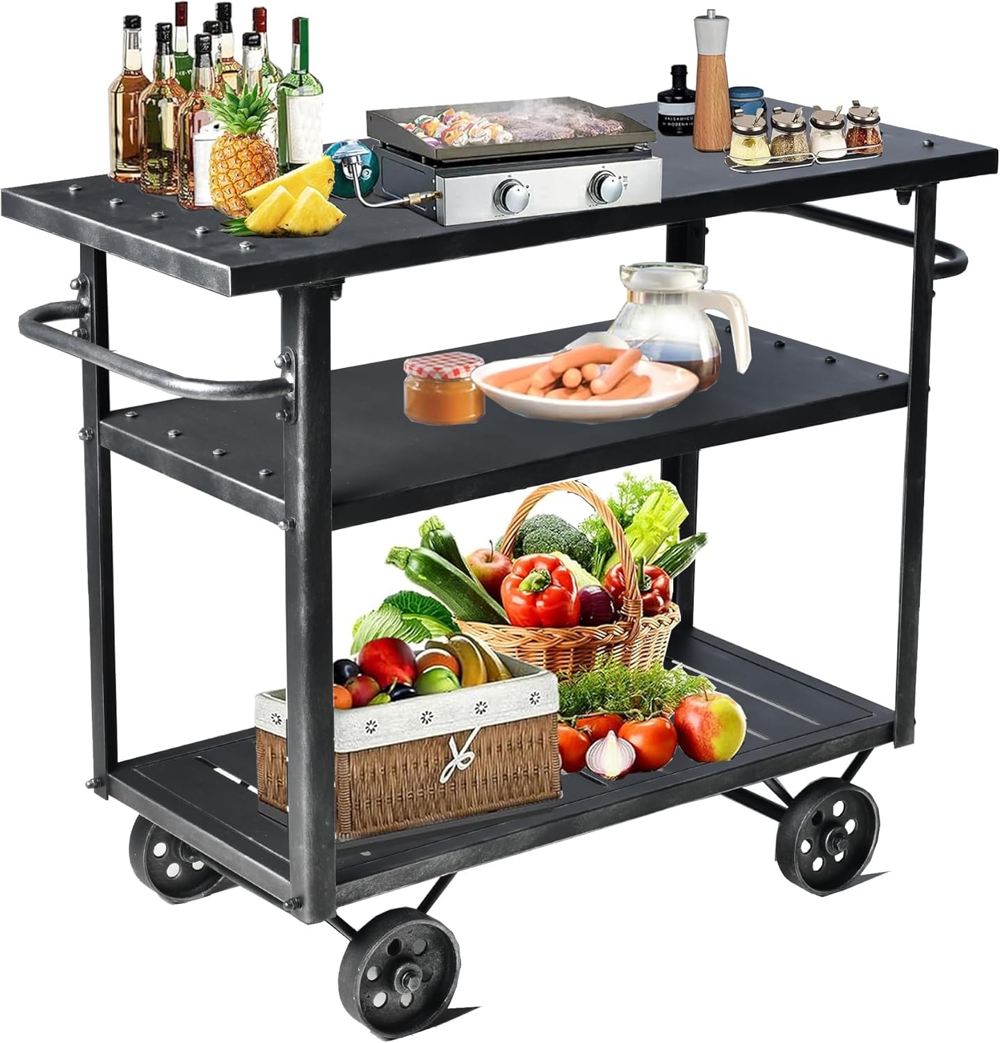 Industrial 3 Tier Mobile Bar Cart Rustic Metal Serving Cart with Wheels and Side Handles Vintage Rolling Kitchen Stand Cart-LxWxH: 36.2 * 15.75 * 30.5inch
