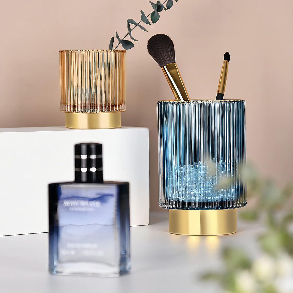 DASITON Makeup Brush holder Organizer,Crystal Cosmetic Makeup Brush Glass Brushes Storage Holder, Vintage Make Up Brush Cup Pen Pencil Holder striped vase(Blue S)