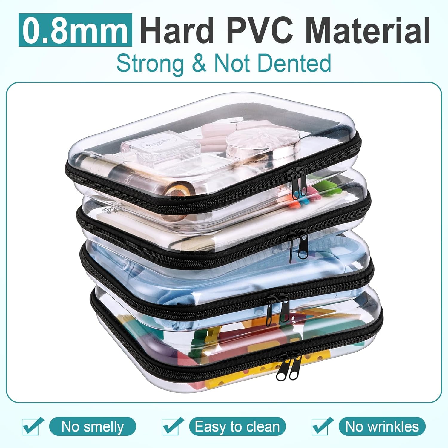 Sanwuta 6 Pcs Clear Hard Zipper Case Hard Plastic Zipper Pouches Transparent Makeup Bag Pencil Pouches for Travel Snacks Christmas Trinket Storage Organizer Box(Black,9.84 x 7.87 x 2 Inch)