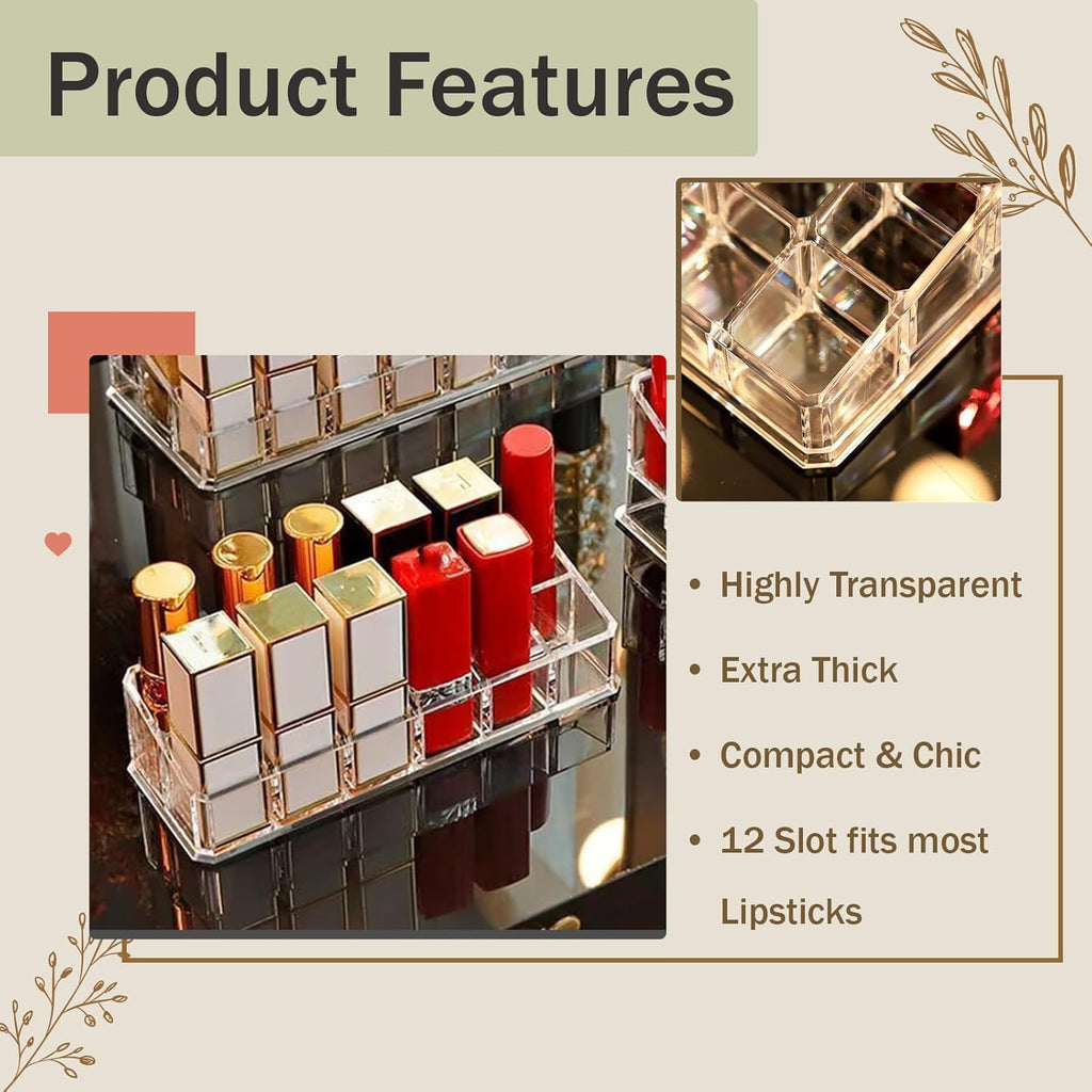 4 Pack Lipstick Organizer, 12 Slot Clear Acrylic Lipstick Holder, Makeup Organizer for Vanity, Drawer, Lip Gloss Storage Display