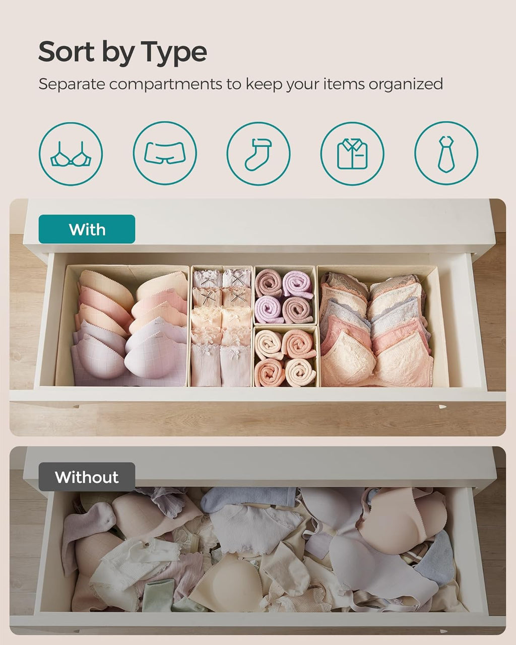 SONGMICS Drawer Organizer, Dresser Drawer Organizers, Set of 6, Foldable Fabric Storage Bins for Socks, Underwear, Bras, Ties, Scarves, Surmmer Sand URDZ006Y01