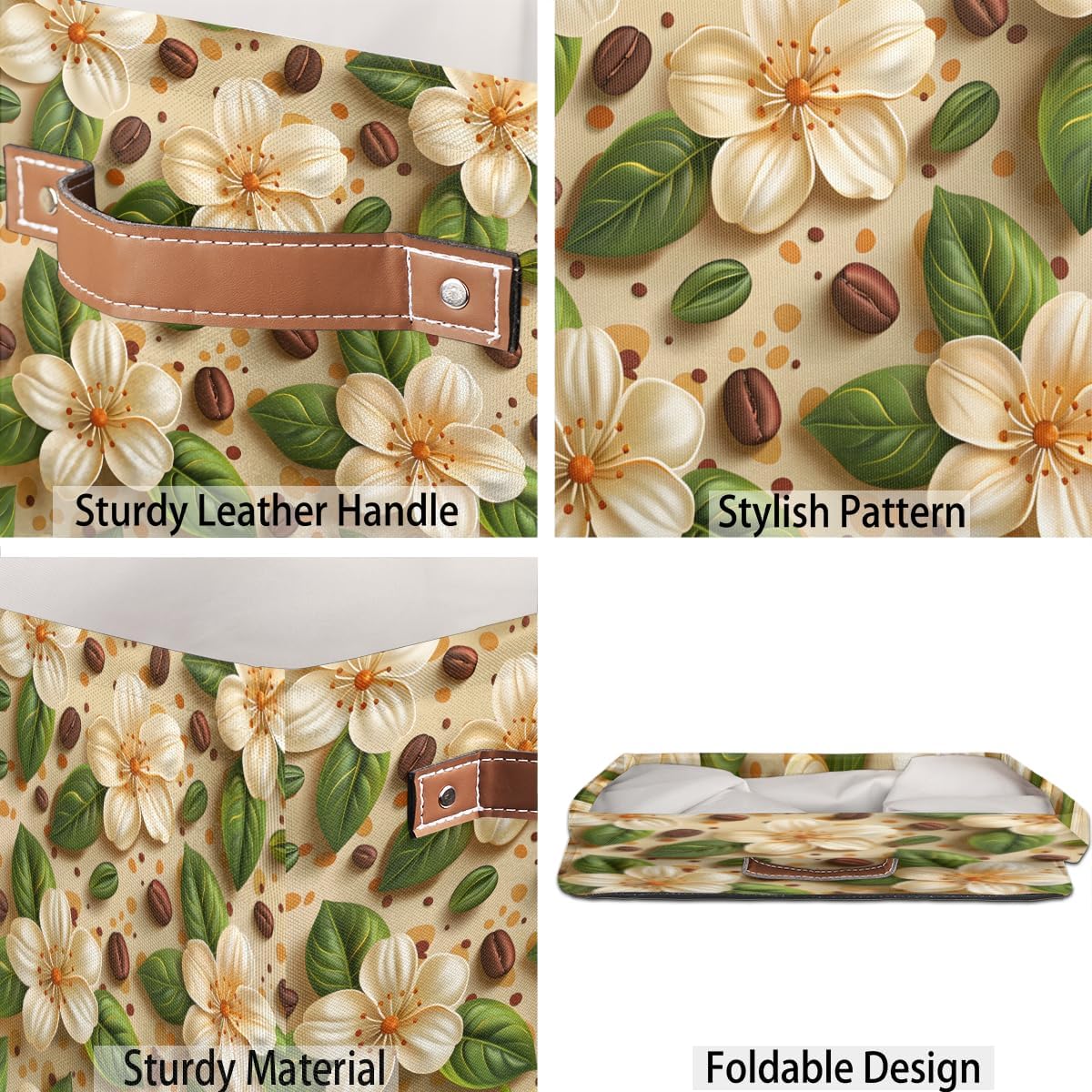 TropicalLife 13x13x13 Inch Large Fabric Storage Cube Beige Floral Print Foldable Storage Bin with Handles Organizer Boxes Cube Basket for Shelves Organizing Closet