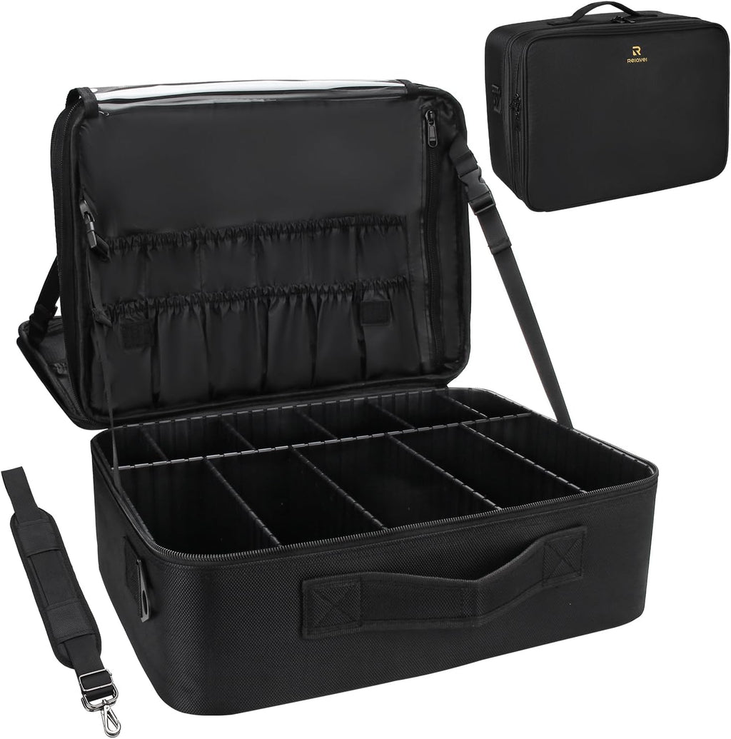 Relavel Large Makeup Organizer Profession Makeup Bag Extra Large Makeup Case with Adjustable Dividers, Adjustable Angle Fixed Belt and Shoulder Strap Plastic Dividers
