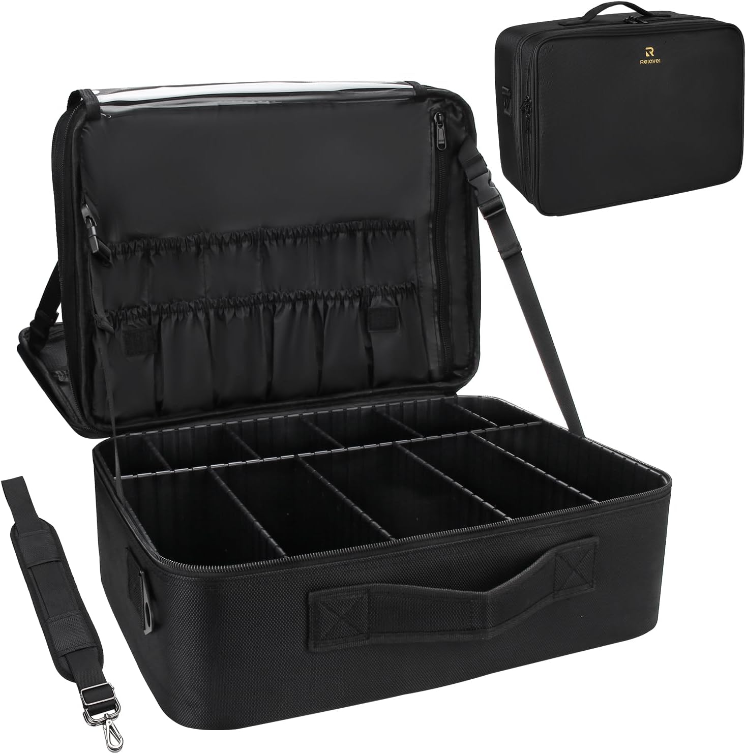 Relavel Large Makeup Organizer Profession Makeup Bag Extra Large Makeup Case with Adjustable Dividers, Adjustable Angle Fixed Belt and Shoulder Strap Plastic Dividers