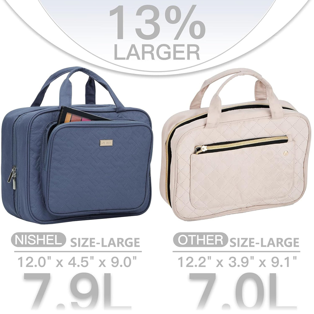 NISHEL Travel Toiletry Bag for Women, Makeup Essentials Organizer, Hanging Case for Accessories, Cosmetics, Large Size, Aegean-Blue