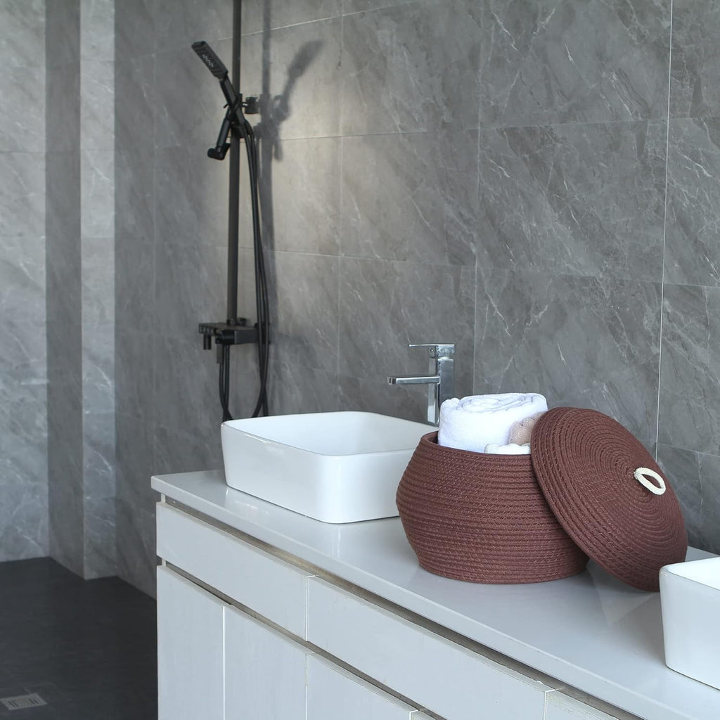 Sea Team Round Cotton Rope Storage Basket with Lid, Decorative Woven Storage Bin, Pot, Caddy, Organizer, Container for Snacks, Towels, Plants, 13 x 9 Inches (Large, Brown)