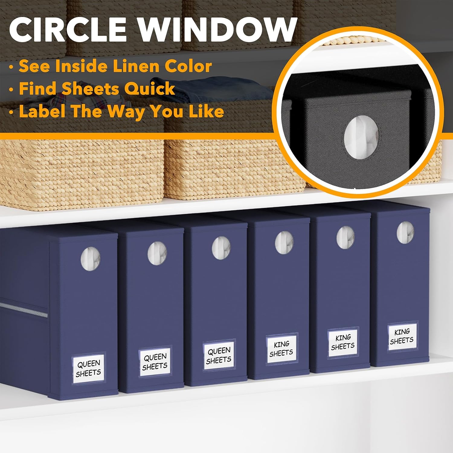 SpaceAid 6 Pack Bed Sheet Organizers and Storage, Foldable Sheet Organizer with Window for Linen Closet, Set Folder Keeper for Queen & King Size Bedding Storage (Navy Blue)