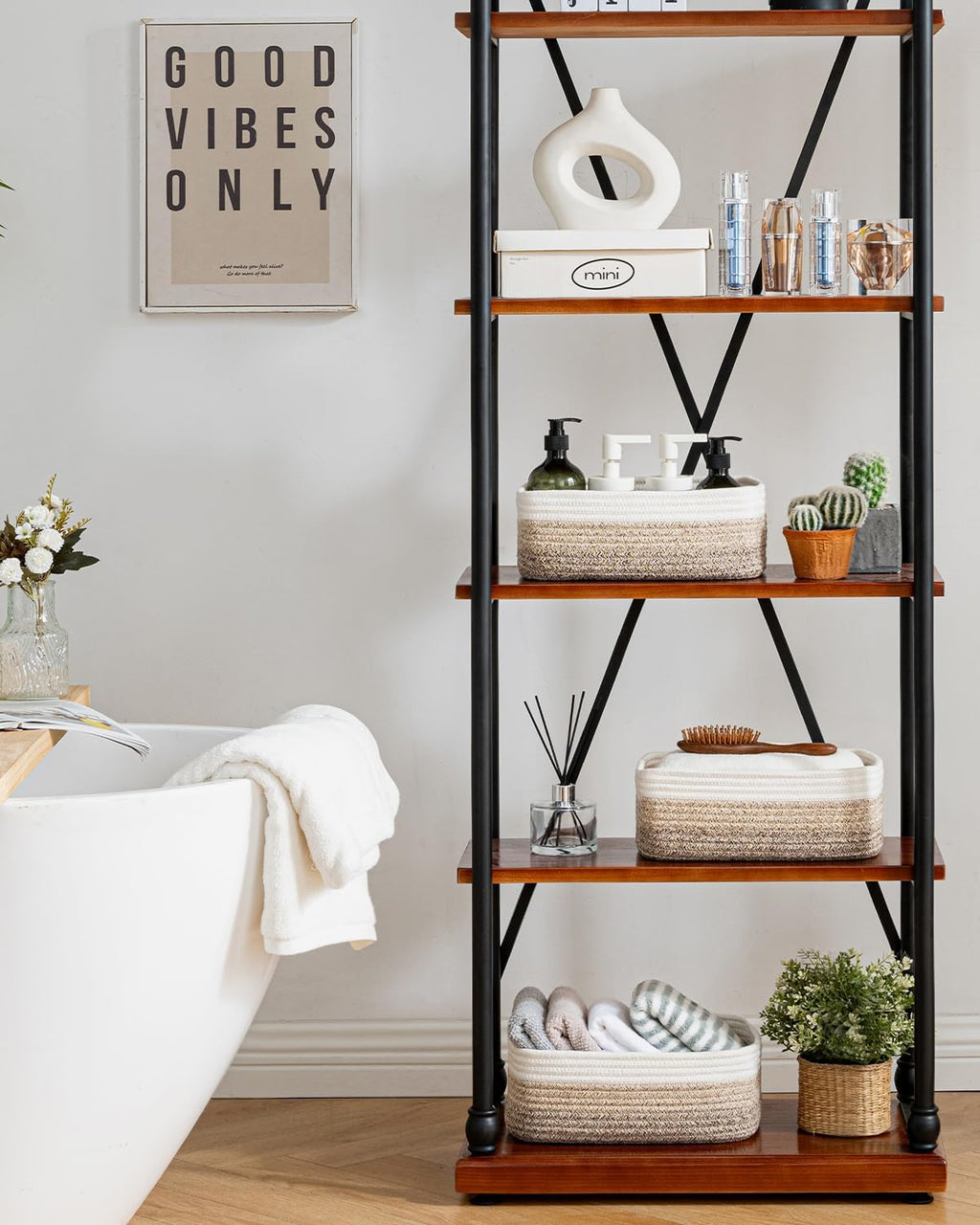 Small Woven Basket, 12 x 8 x 4.5 Inches, Storage Basket for Organizing, Cute Small Rope Shelf Closet Cube Storage Bins Baskets for Shelves, Dog Toy Gift Baskets Empty, 3 Pack Gradient Brown