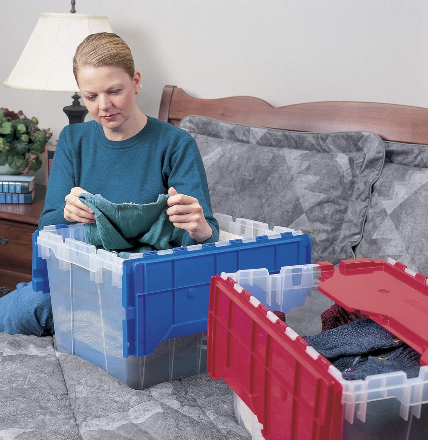 Akro-Mils KeepBox 12 Gallon Storage Container, Nesting and Stackable Plastic Storage Box with Lid Attached, Clear Tote for Garages, Closets, and Moving, 21-1/2" x 15" x 12-1/2", Clear/Red