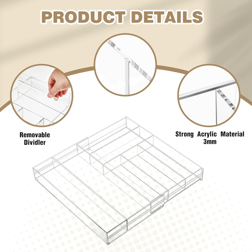 1 Pcs Acrylic Drawer Organizer 9'' up to 18'' x 15'' x 2'' Expandable Drawer Organizer Pens Notebook Ruler Makeup Tray with 7 Adjustable Compartments for Desk Office Kitchen Bathroom(Clear)