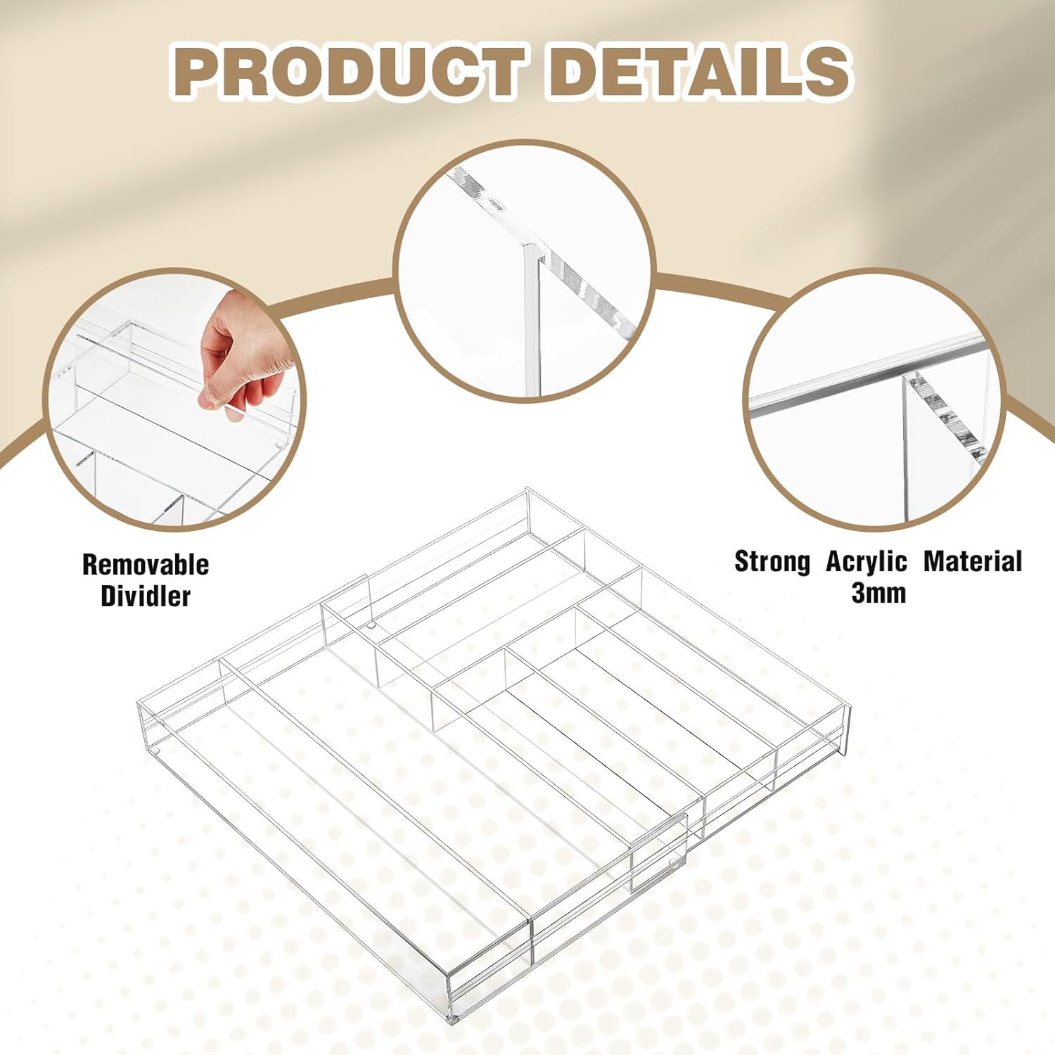 1 Pcs Acrylic Drawer Organizer 9'' up to 18'' x 15'' x 2'' Expandable Drawer Organizer Pens Notebook Ruler Makeup Tray with 7 Adjustable Compartments for Desk Office Kitchen Bathroom(Clear)