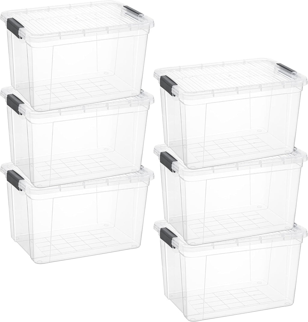 Superio Clear Storage Boxes with Lids, 26 Quart Plastic Container Bins for Organizing, Stackable Crates, BPA Free, Non Toxic, Odor Free, Organizers for Home, Office and Dorm, 6 Pack