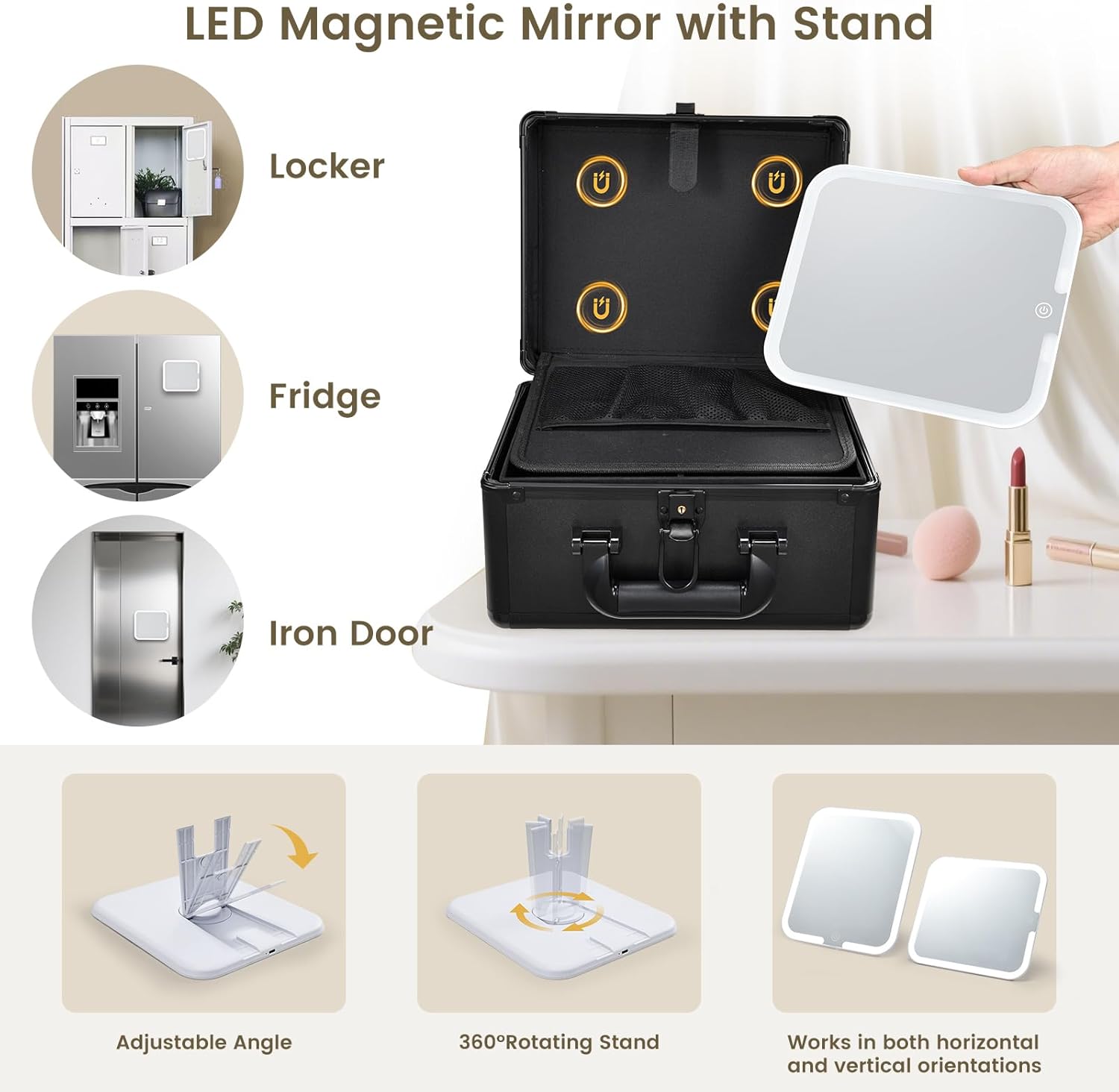 Makeup Case with Lighted Vanity Mirror, Makeup Organizer Box Travel Make up Case with LED Mirror Portable Cosmetic Train Case for Countertop Lockable Makeup Suitcase with Adjustable Dividers