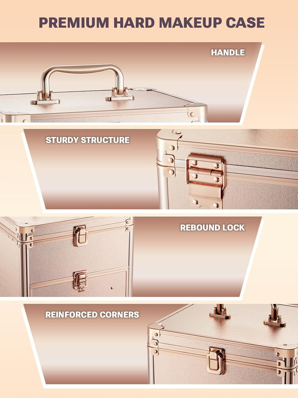 Qislee Makeup Box with Drawer and A Detachable Lighted Mirror, Waterproof Travel Train Case, Cosmetic Organizer and Makeup Suitcase with Adjustable Dividers, Magnetic LED Mirror (Rose Gold)