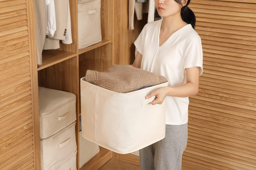 Decorative Basket Rectangular Fabric Storage Bin Organizer Basket with Handles for Clothes Storage (14.5 x 10.2 x 10.2, Beige)