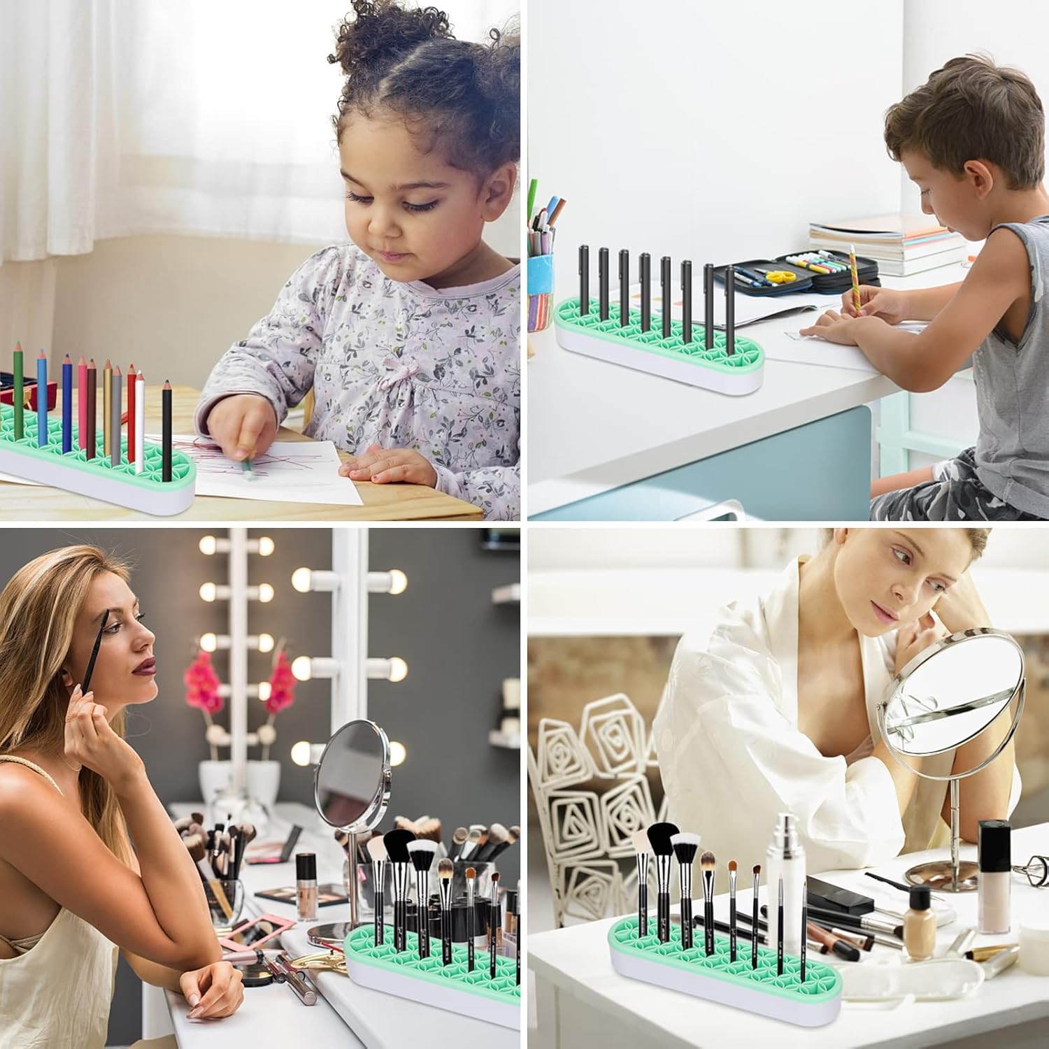 Unaone Silicone Makeup Brush Holder, Multipurpose Beauty Tool Organizer Make up Brush Storage Stand for Painting Pen Brushes Nail Clippers Drill Pens Ruler Sewing Craft Tools (Green)