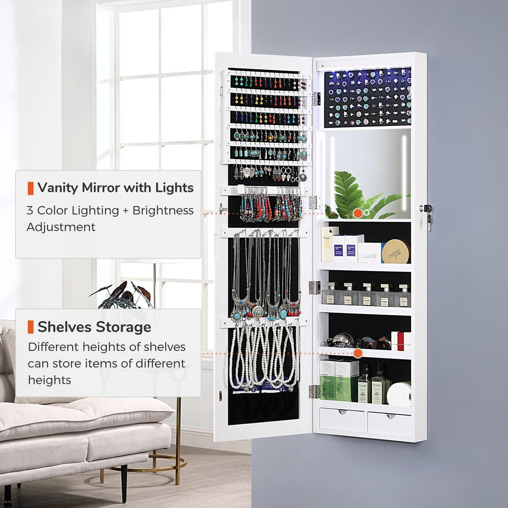 GISSAR Mirror Jewelry Cabinet, LED Wall Door Mount Full Length Jewelry Armoire with Makeup Mirror and Jewelry Storage, Large Capacity Lockable Jewelry Organizer, Vanity Mirror with Lights, White