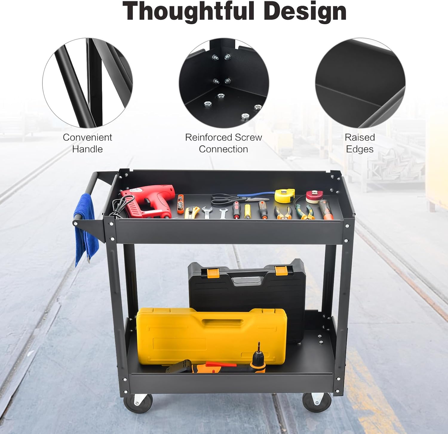 Goplus 2-Tier Utility Cart, Heavy Duty Commercial Service Tool Cart w/Handle, 550 lbs Max Support, Rolling Mechanic Metal Tool Cart Storage Organizer for Home, Garage, Warehouse