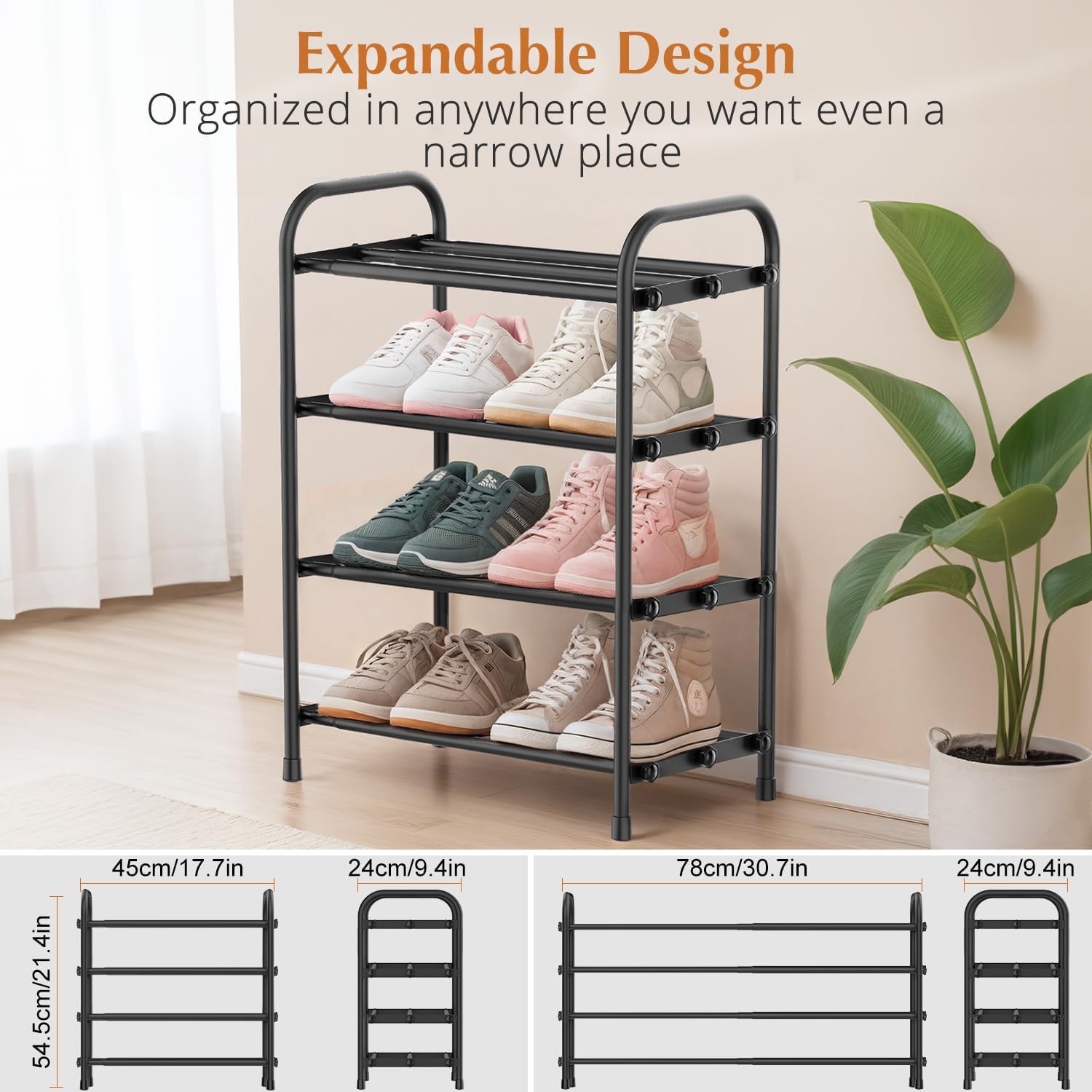 INSMART 4-Tier Expandable Shoe Rack, Stackable and Adjustable Shoes Organizer Storage Shelf, Sturdy and Durable Metal Structure Free Standing Shoe Rack for Closet Entryway Doorway