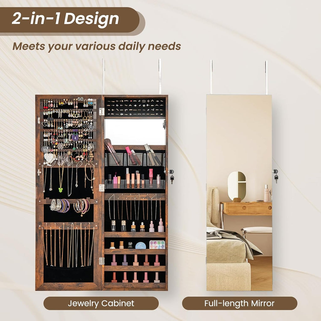 CHARMAID Jewelry Cabinet Wall or Door Mounted, Hanging Lockable Jewelry Armoire Storage with Full Length Mirror, Interior Makeup Mirror, Over the Door Jewelry Organizer Box with Mirror (Rustic Brown)