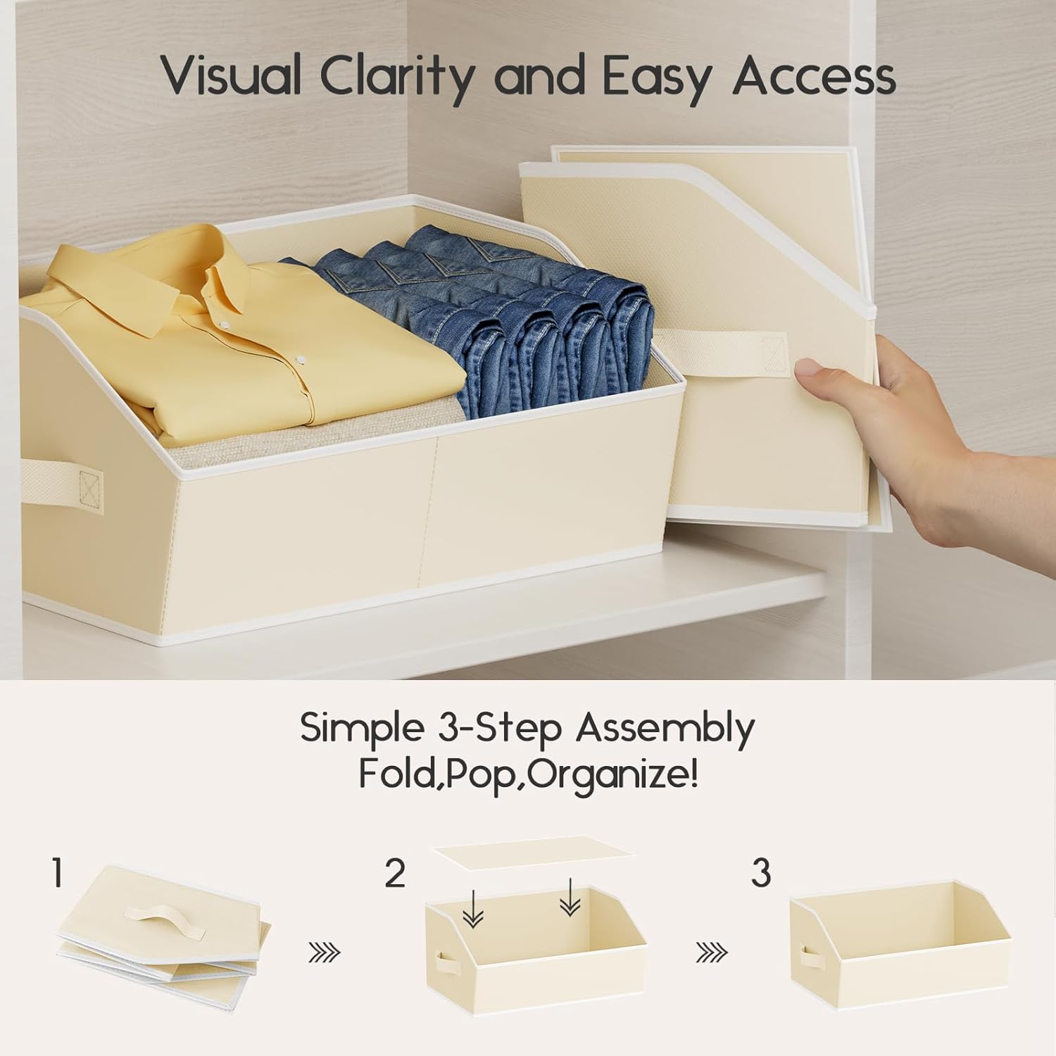 Large Closet Organizers and Storage Bins - 6 Pack Trapezoid Storage Baskets for Shelves, Foldable Fabric Baskets with Handles Ideal for Closet, Basket, Wardrobe and Shelf Storage, Beige