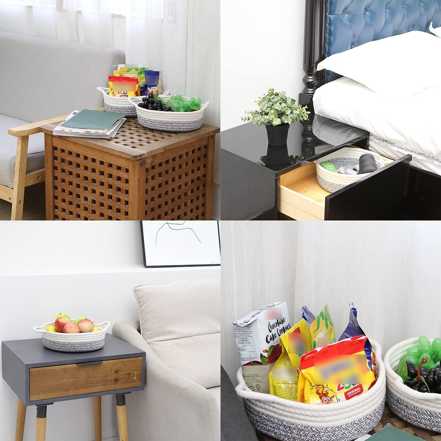 Sea Team 2-Pack Cotton Rope Baskets, 10 x 3 Inches Small Woven Storage Basket, Fabric Tray, Bowl, Round Open Dish for Fruits, Jewelry, Keys, Sewing Kits (Mottled Grey & White)