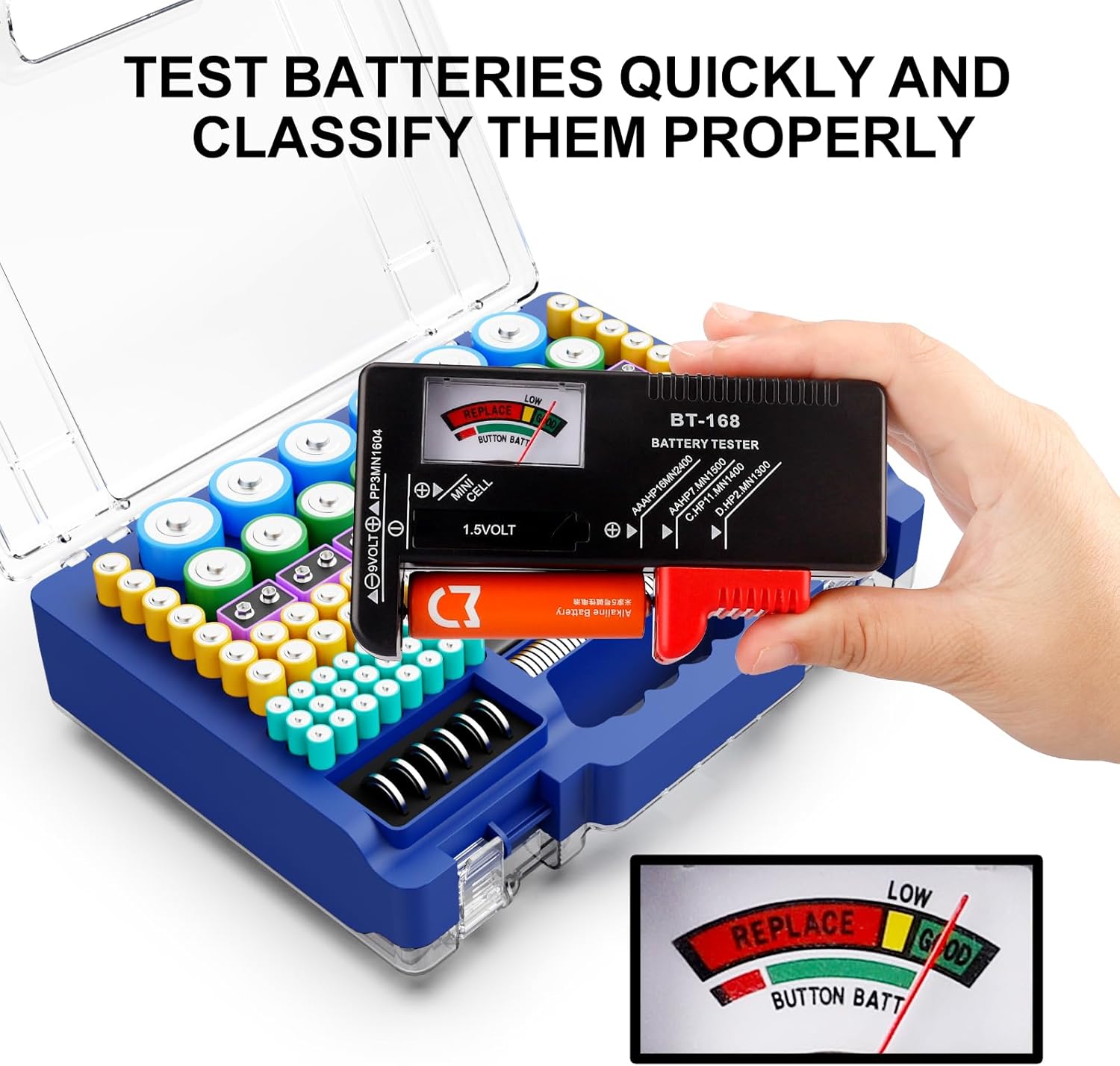 Battery Organizer Storage Holder Box Case with Tester, Ultra-Large 262+ Batteries Container with Double-Sided, Holds AA AAA 4A 23A C D Cell 9V 3V Lithium 4LR44 CR3 CR123A 18650 (Blue)