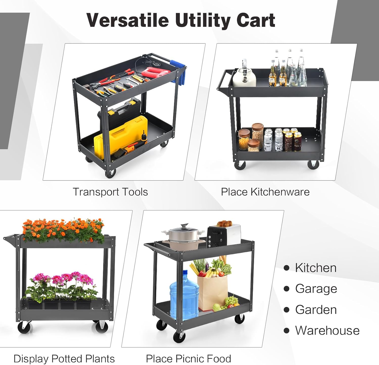 Goplus 2-Tier Utility Cart, Heavy Duty Commercial Service Tool Cart w/Handle, 550 lbs Max Support, Rolling Mechanic Metal Tool Cart Storage Organizer for Home, Garage, Warehouse