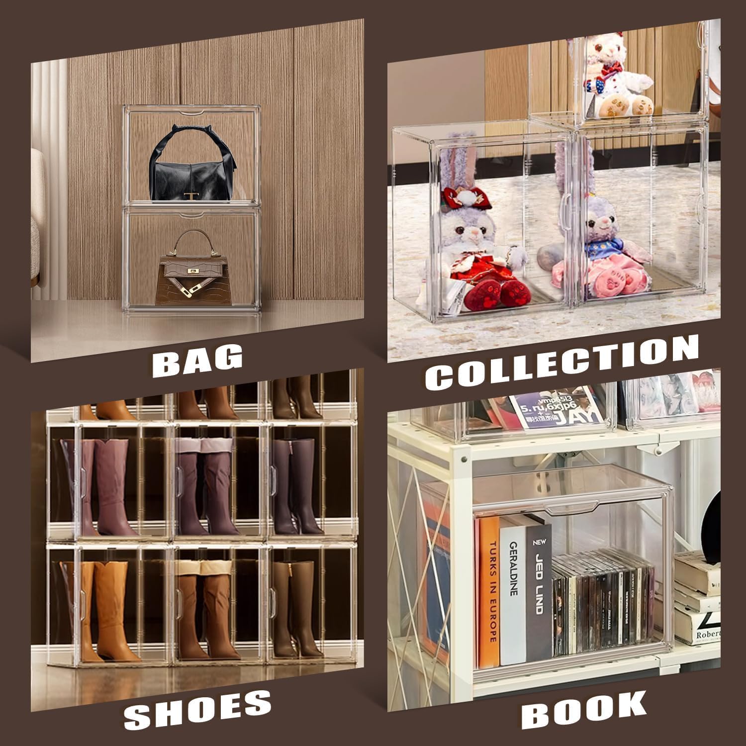 10 Pack Acrylic Shoe Box Size 14, X-Large Purse Handbag Organizer Clear Sneaker Display Case Boot Storage Box Transparent Stackable Storage Bins with Magnetic Lids