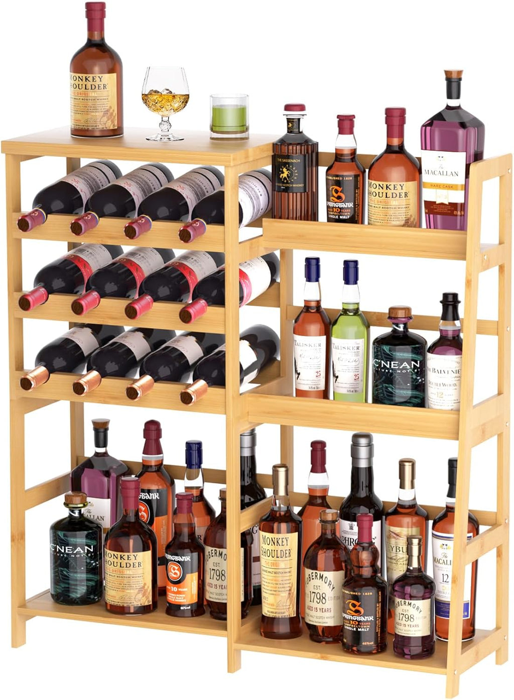VASMIA Versatile Liquor Stand for Home Bar, Wine Rack Freestanding Floor, Mini Bar Table with Bamboo Trapezoidal Liquor Bottle Display Shelf Cabinet for Living Room, Natural