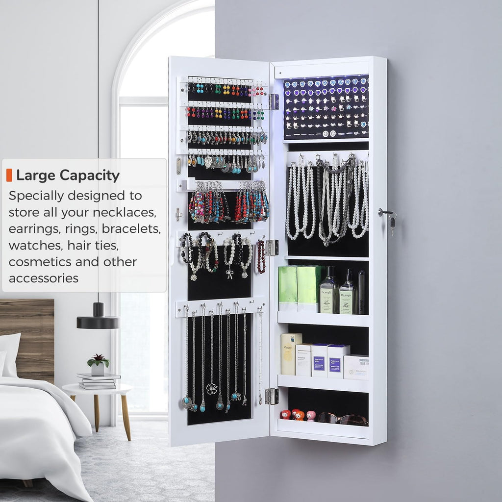 GISSAR Full Length Mirror Jewelry Cabinet, 6 LEDs Jewelry Armoire Wall Mounted Over The Door Hanging, Jewelry Organizer Display Storage Furniture with Lights Locker Mirrored Cabinet, 39.4" H, White
