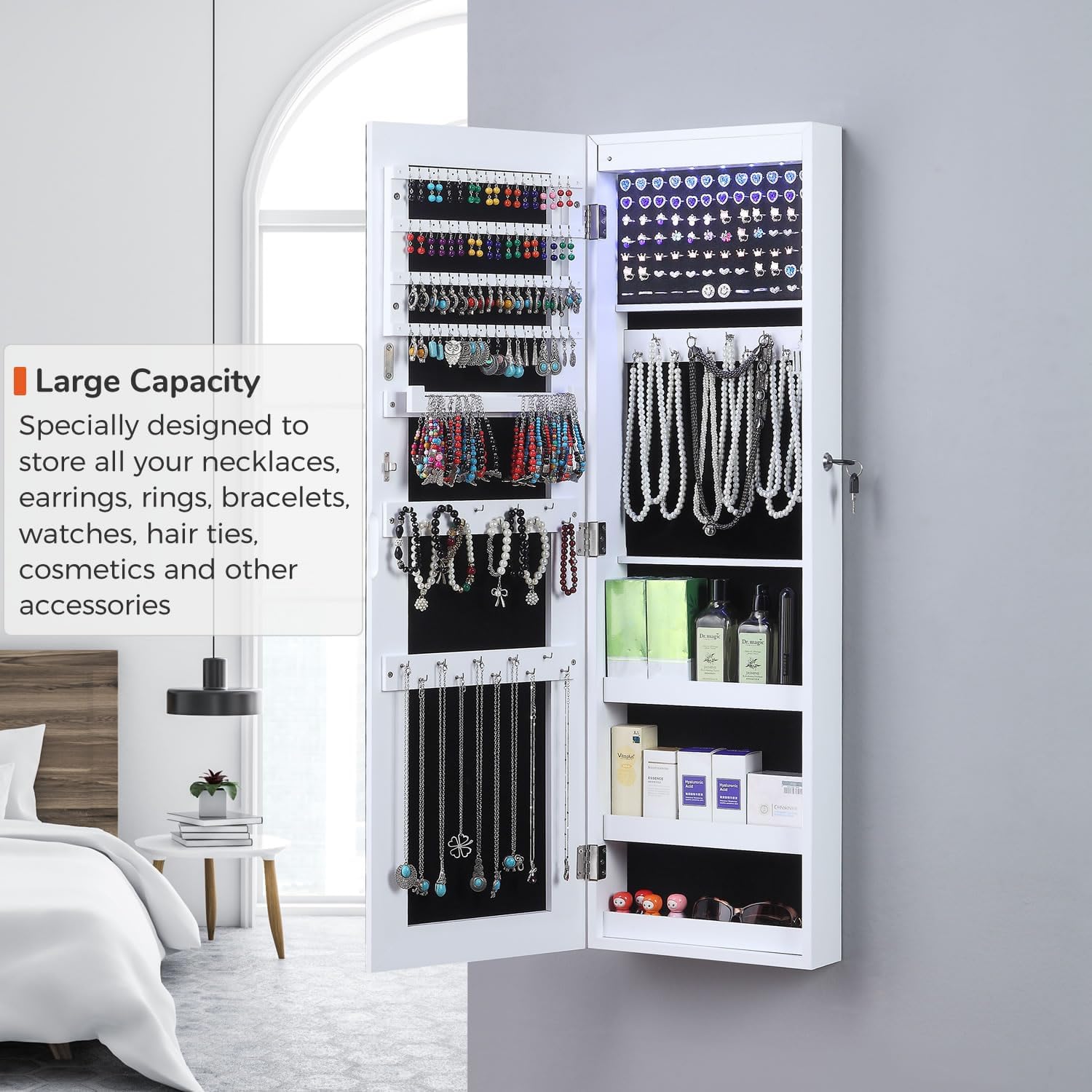 GISSAR Full Length Mirror Jewelry Cabinet, 6 LEDs Jewelry Armoire Wall Mounted Over The Door Hanging, Jewelry Organizer Display Storage Furniture with Lights Locker Mirrored Cabinet, 39.4" H, White