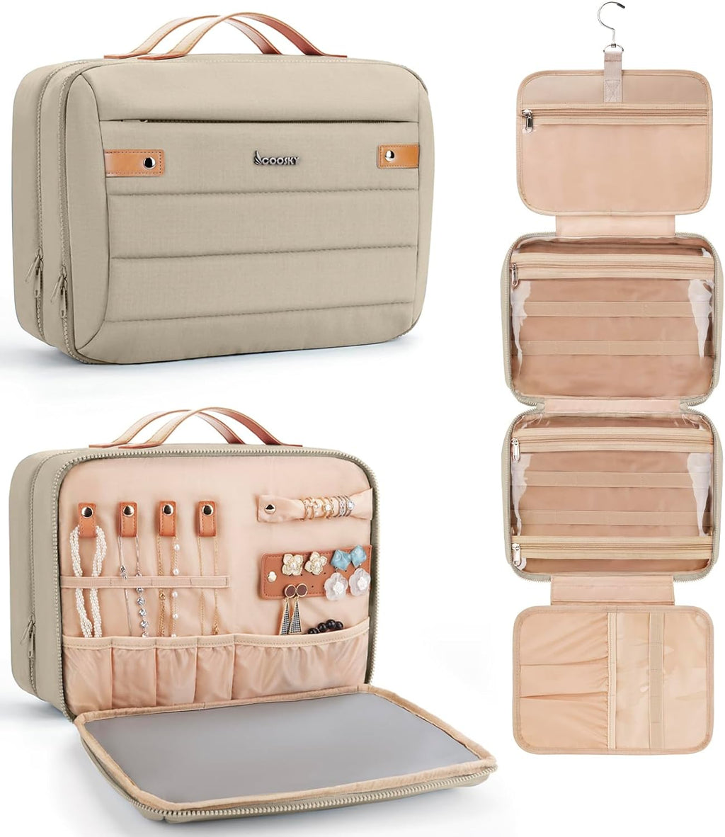 Women's Hanging Toiletry Bag, Waterproof Travel Cosmetic Organizer with Jewelry Storage, Large Capacity Makeup Case for Full-Size Skincare & Bathroom Essentials, Portable Cosmetic kit, Khaki