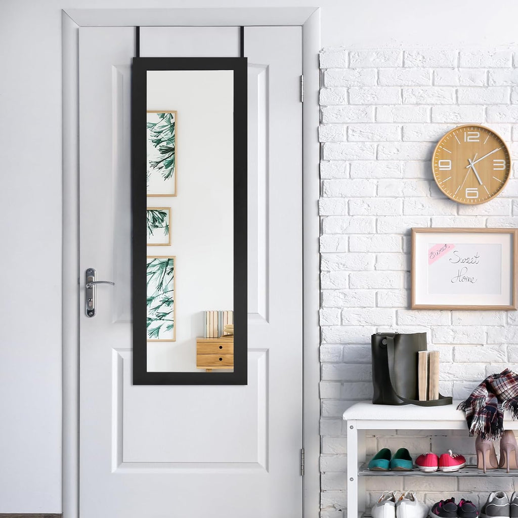 HAPPYGRILL Wall Mounted Jewelry Cabinet with Full Length Mirror, Over The Door Jewelry Organizer w/Built-in Makeup Mirror, Storage Shelves, Door Mounted Jewelry Armoire for Women, Girls (Black)