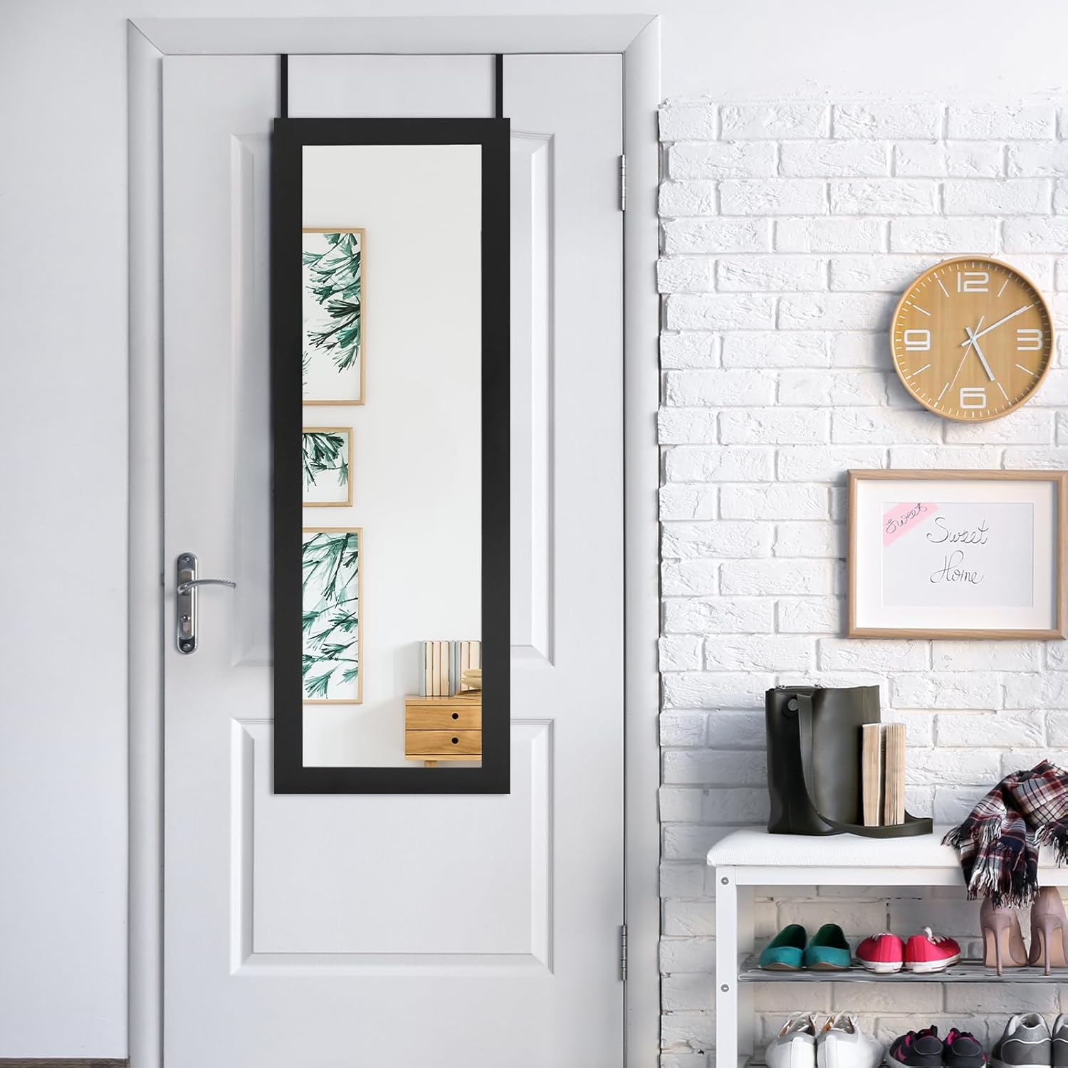 HAPPYGRILL Wall Mounted Jewelry Cabinet with Full Length Mirror, Over The Door Jewelry Organizer w/Built-in Makeup Mirror, Storage Shelves, Door Mounted Jewelry Armoire for Women, Girls (Black)