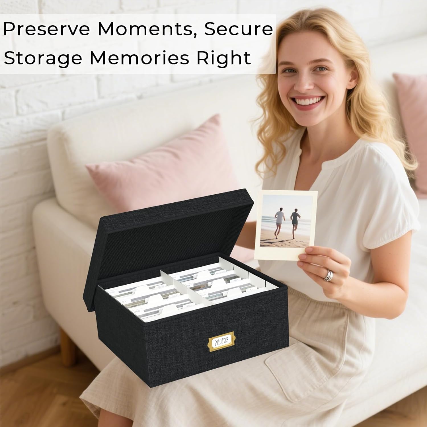 Decorative Photo Storage Box - Linen Photo Box Organizer with Dividers, Fits Holds Up to 1700 Pictures and 4x6 Photos, Memory Keepsake Organizer for Photos, Scrapbook Supplies, Cards, Stamps (Black)