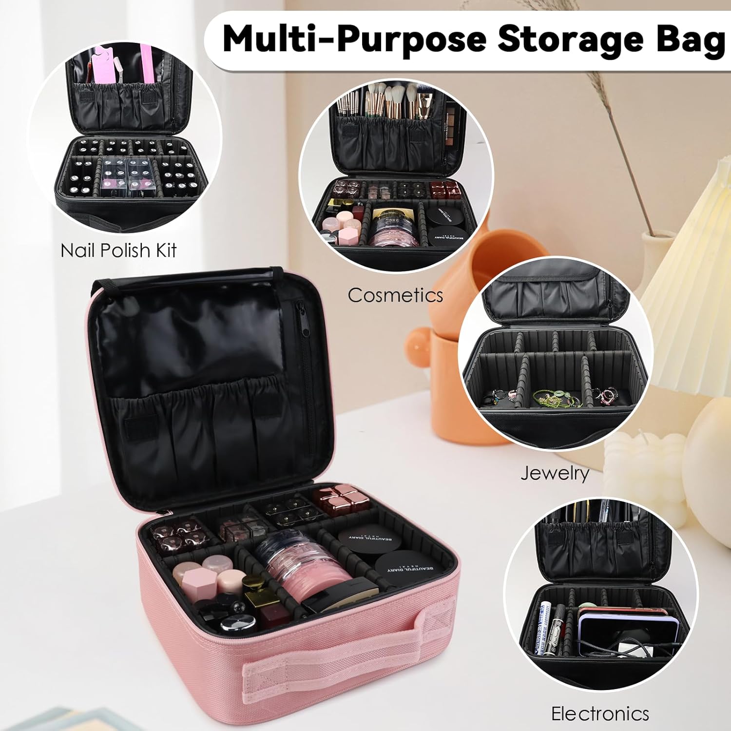 Travel Makeup Bag Makeup Cosmetic Train Case Organizer Portable Storage Bag with Adjustable Dividers for Cosmetics Makeup Brushes Toiletry Jewelry Pink