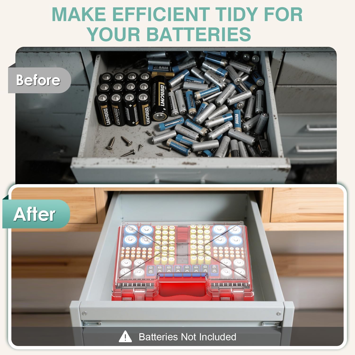 Battery Organizer Storage Holder Box Case with Tester, 185+ Batteries Double-Sided Variety Pack, Holds AA AAA 4A C D Cell 9V 3V Lithium LR44 CR2 CR123 CR1632 18650 Button - Red