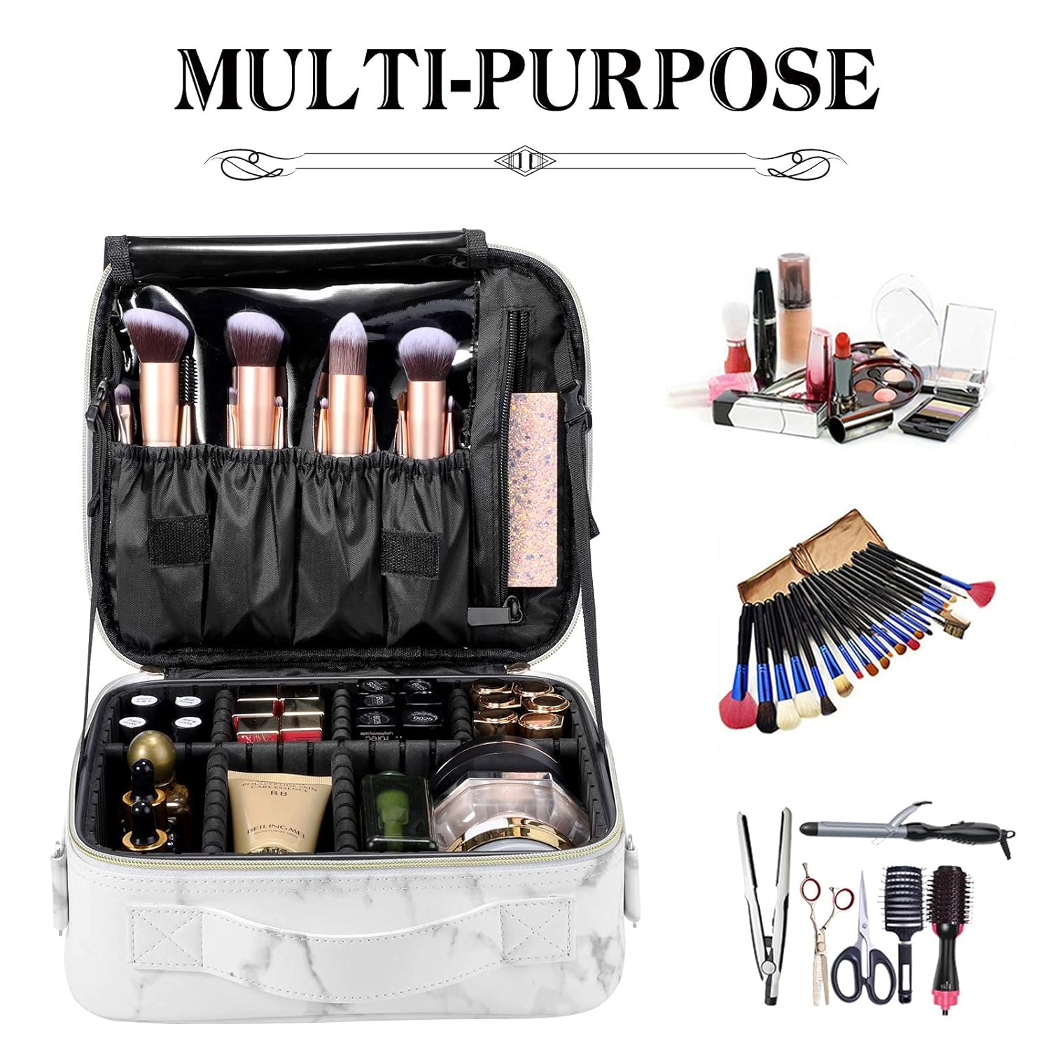 gzcz Travel Makeup Bag,Professional Cosmetic Bags for Women,Portable Makeup Brush Bag Organizer Storage with Adjustable Dividers and Shoulder Strap