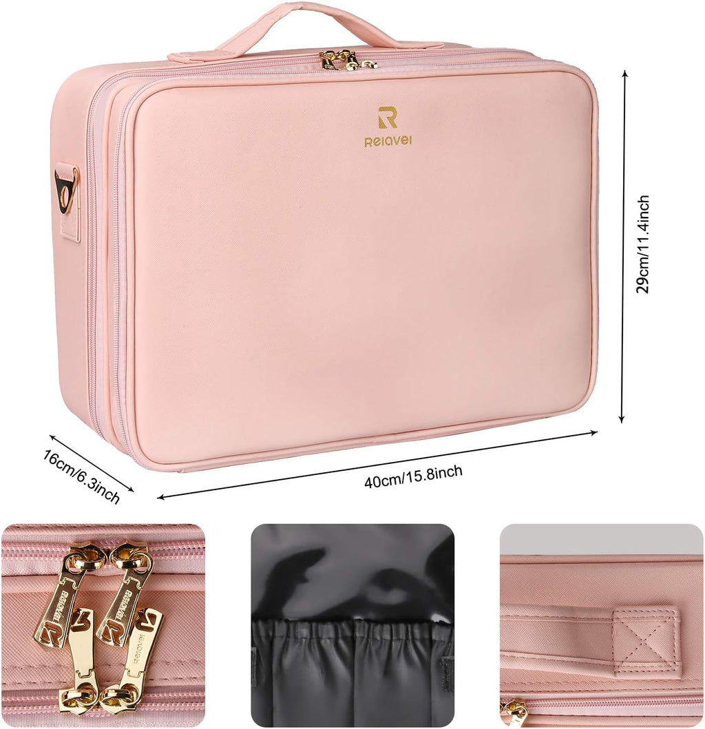 Relavel Makeup Case Large Makeup Bag Professional Train Case 16.5 inches Travel Cosmetic Organizer Brush Holder Waterproof Makeup Artist Storage Box, 3 Layer Large with Adjustable Strap (Pink)