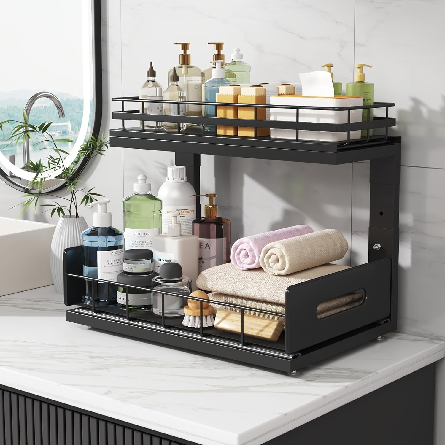 1 Pack Under Sink Organizer Upgrade To Professional Rails,2-Tier Dual Pull Out Cabinet Storage,Height Adjustable Slide Out Drawers For Bathroom Kitchen,Under Sink Shelf-Black