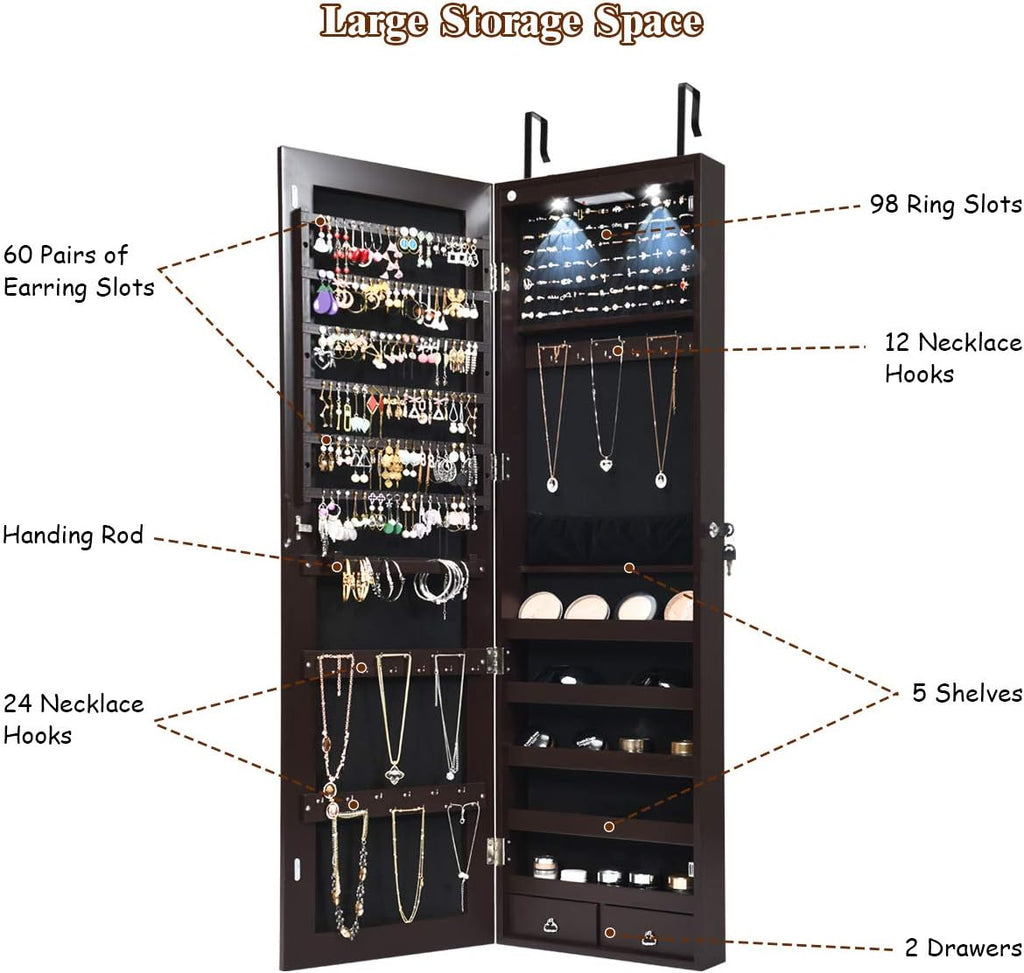 Giantex Wall Door Mounted Jewelry Armoire Cabinet with 47.5" H Full Length Mirror, 2 LEDs Lockable Jewelry Organizer Box with Bracelet Rod, 2 Drawers, Large Storage Capacity (Espresso)