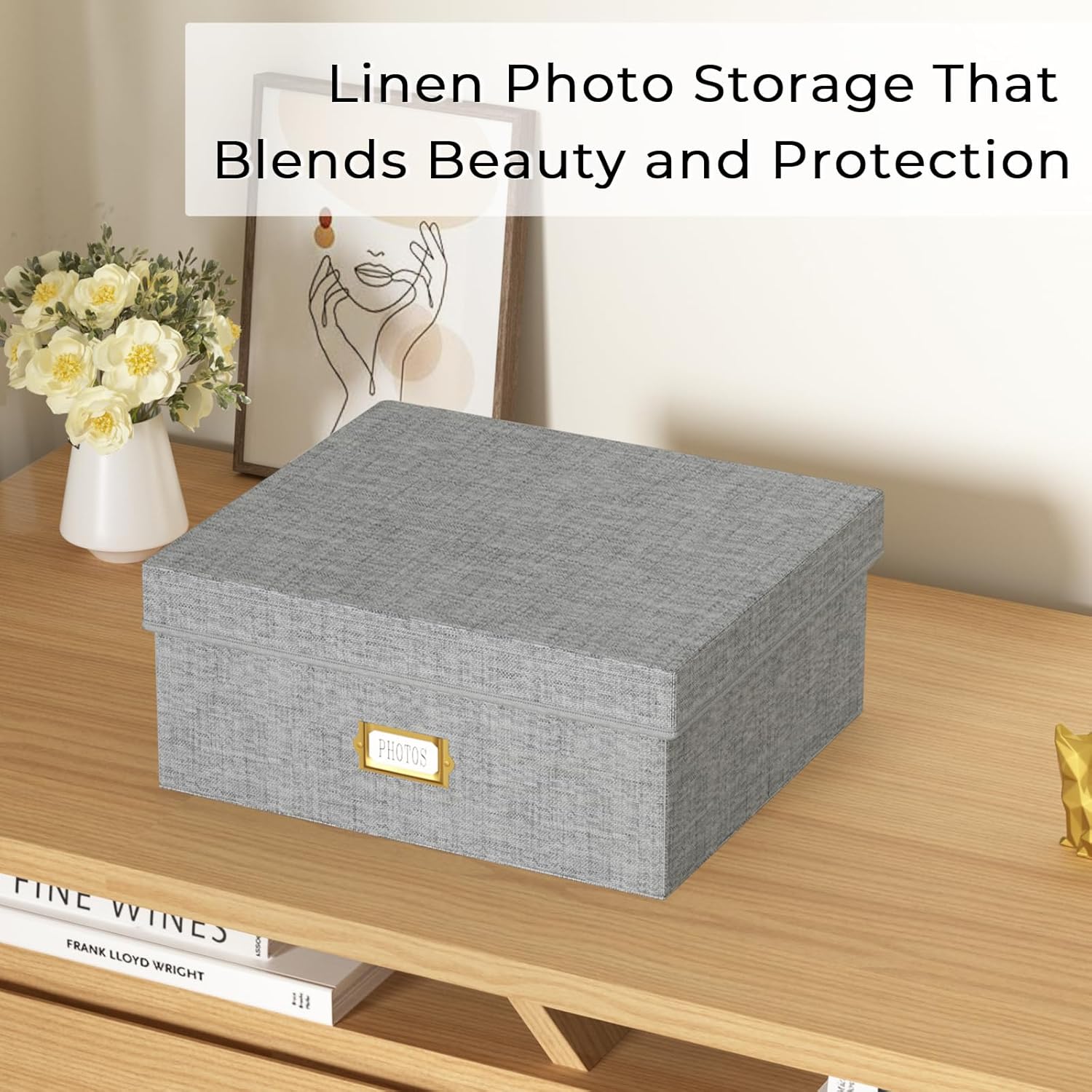 Decorative Photo Storage Box - Linen Photo Box Organizer with Dividers, Fits Holds Up to 1700 Pictures and 4x6 Photos, Memory Keepsake Organizer for Photos, Scrapbook Supplies, Cards, Stamps (Grey)