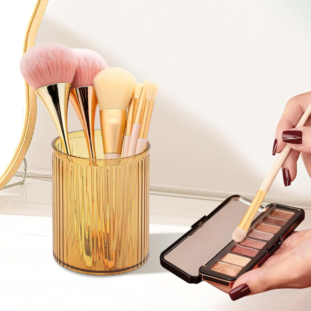 DASITON Makeup Brush Holder Organizer, Acrylic Makeup Brush Cup, Vintage Striped Make Up Brush Holder for Vanity, Bathroom Countertop, Toothbrush Holders, Pen Holder for Desk Storage (Yellow)
